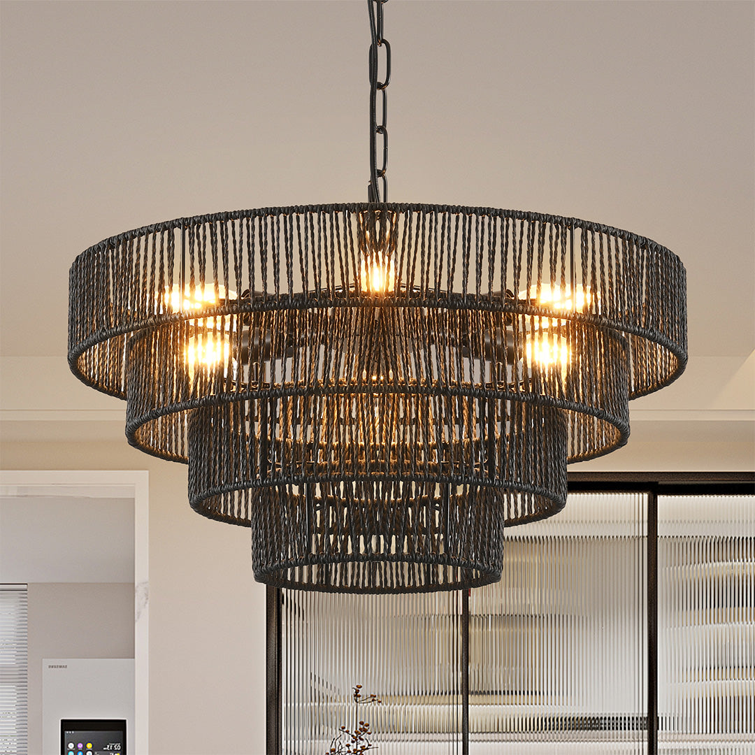 Wabi-Sabi Chandelier Hand-Wrapped Jute Rope Iron Frame Japandi Dining Room Living Room