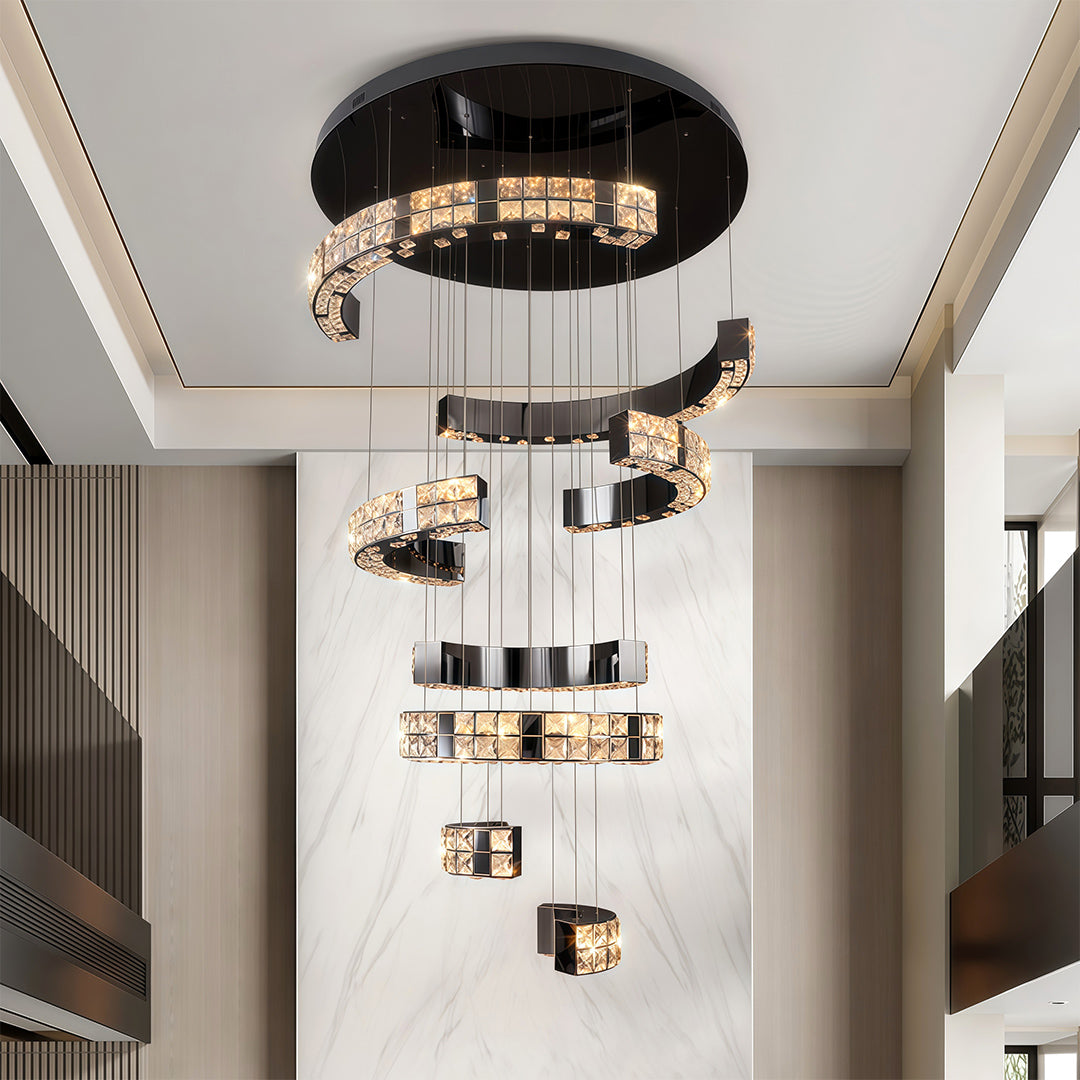Crystal Chandelier Stainless Steel Chrome Titanium Black Warm White LED Multi-Tier Cascading Large Format