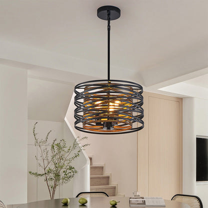Black Drum Pendant Light Stacked Iron Rings Walnut Accent E12 American Retro 3 Sizes Dining Bar