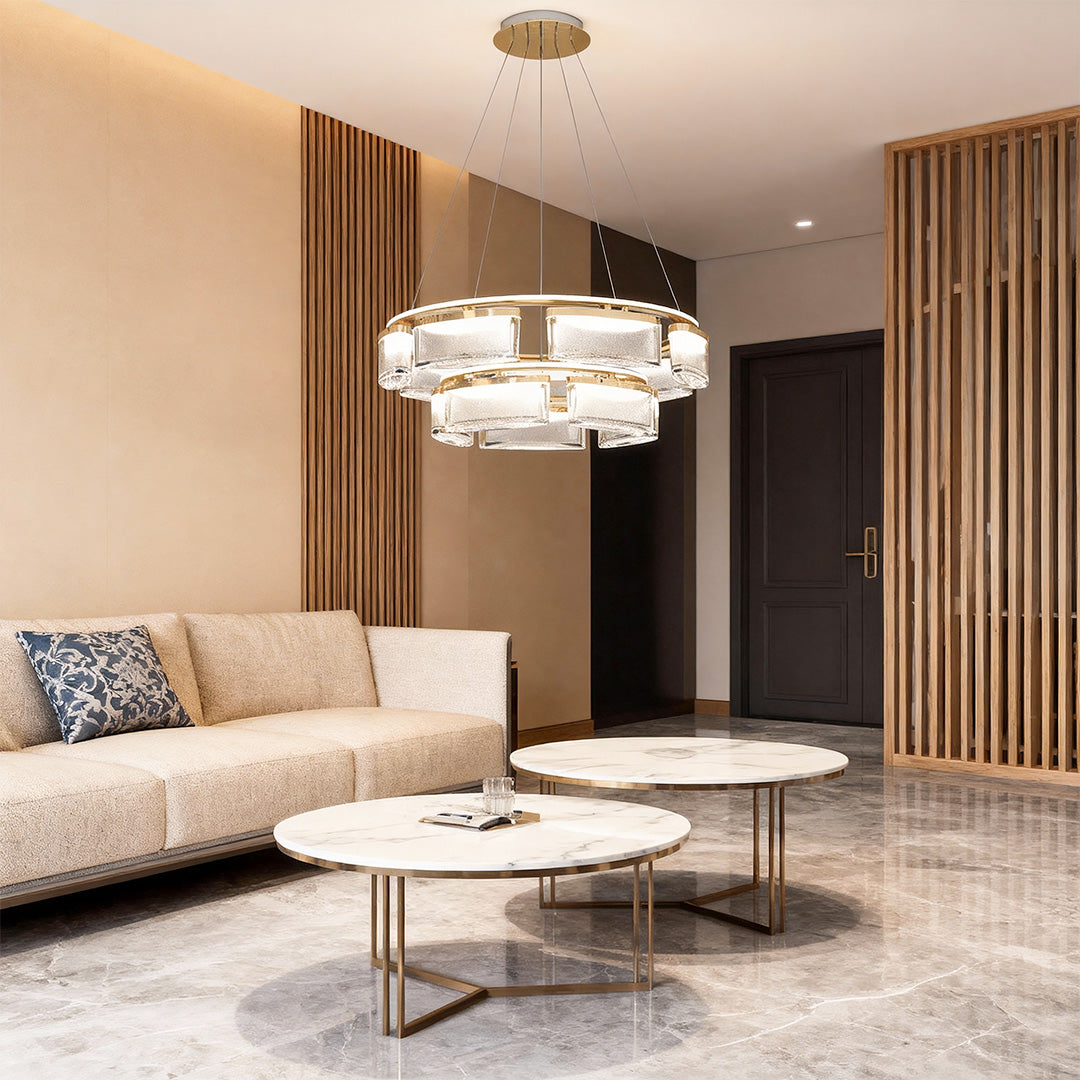 Crystal Chandelier Gold Aluminum Precision-Cut Crystal Matrix Integrated LED 3-Step Dimming Modern Luxury