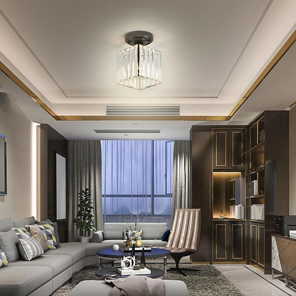 Crystal Semi-Flush Mount Ceiling Light — Nordic Modern Industrial Gold Black Round Square E26 E27 5 Inch