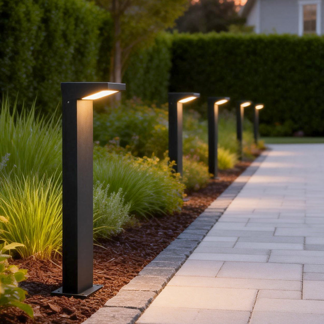Solar LED L-Shaped Outdoor Bollard Light Dual Color Temp Die-Cast Aluminum Black 2 Heights