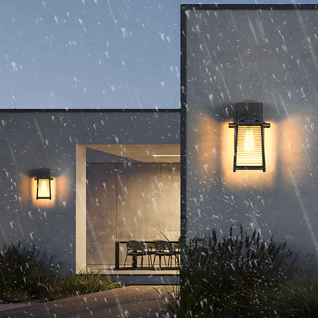 Modern Japanese Outdoor Wall Lantern Solar or Hardwired 3-CCT Remote Black Glass