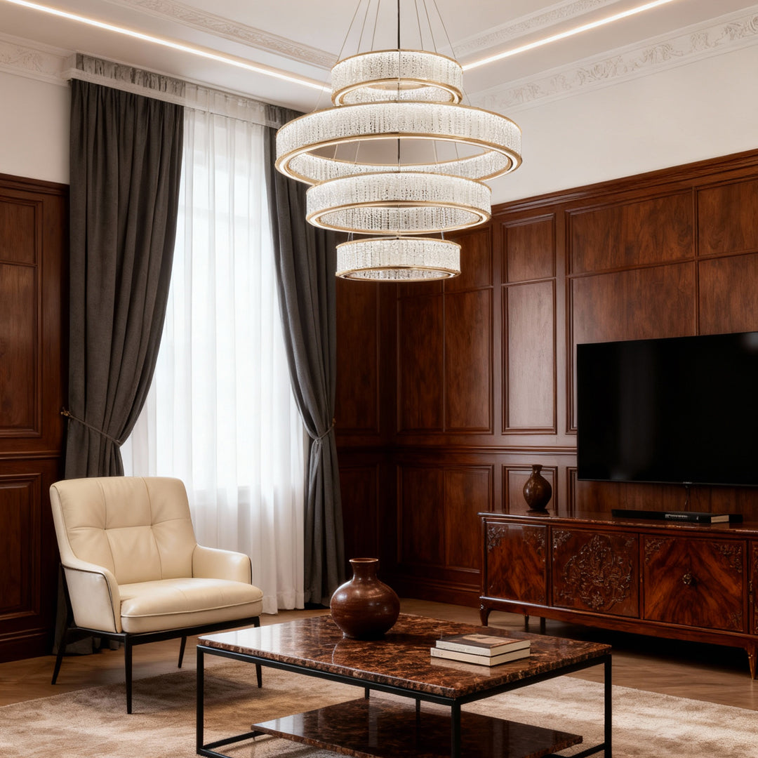 Tiered Crystal Ring Chandelier Gold Aluminium LED 3-Step CCT Bedroom Living Room Hotel