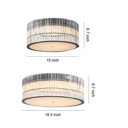Round Drum Crystal Prism Rod Flush Mount in Black Metal and Transparent Glass with Warm White Integrated LED