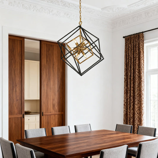 Square Geometric Pendant Light Industrial Black Gold Dual-Color Iron Frame E12 4-Light Dining Room Entryway 26 Inch