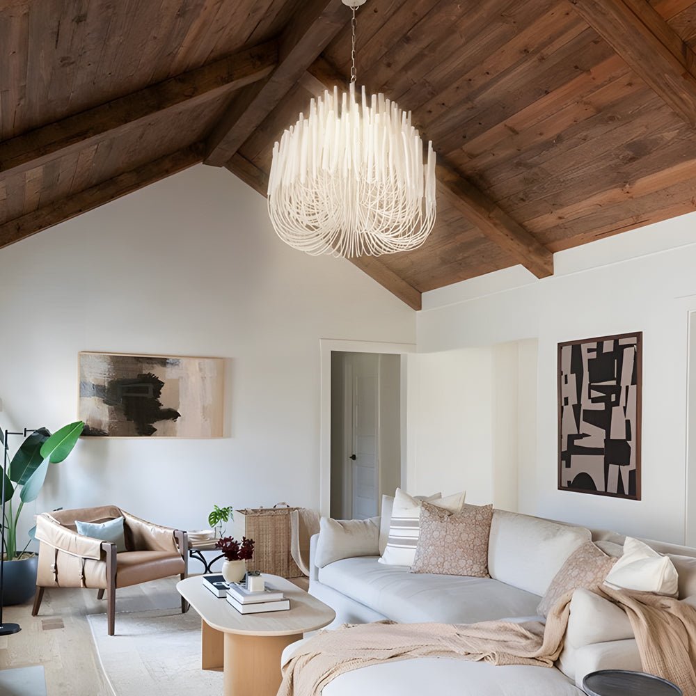 Organic Wood Stick LED Chandelier Iron E14 3000K Rustic Modern White 4 Sizes Indoor