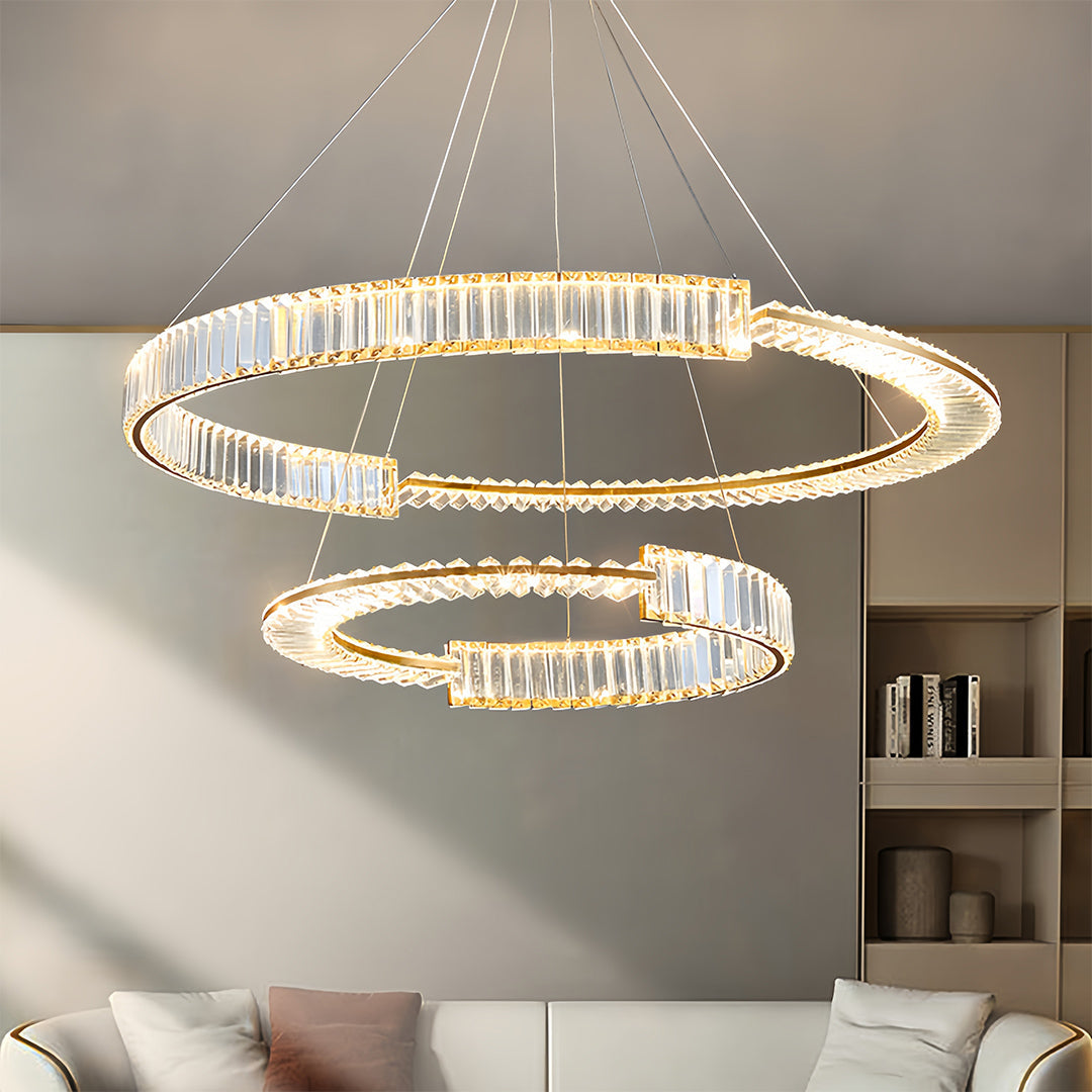 Crystal Chandelier Iron Gold Round Ring Multi-Layer Italian Style LED Dimmable Remote Three Sizes