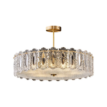 Semi-Flush Mount Copper Glass Patterned Drum Shade French Style E14 Three Sizes