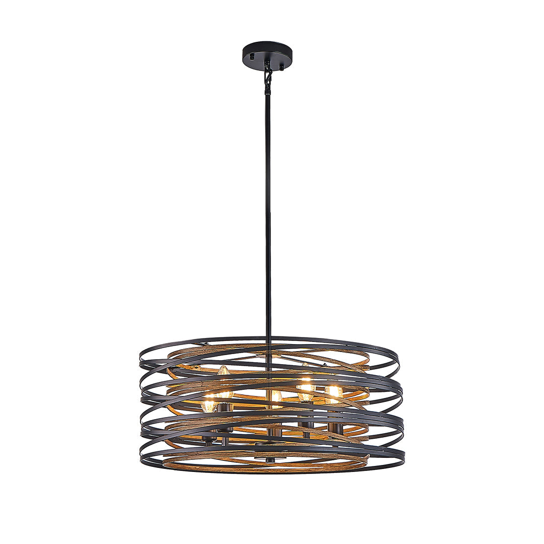 Black Drum Pendant Light Stacked Iron Rings Walnut Accent E12 American Retro 3 Sizes Dining Bar
