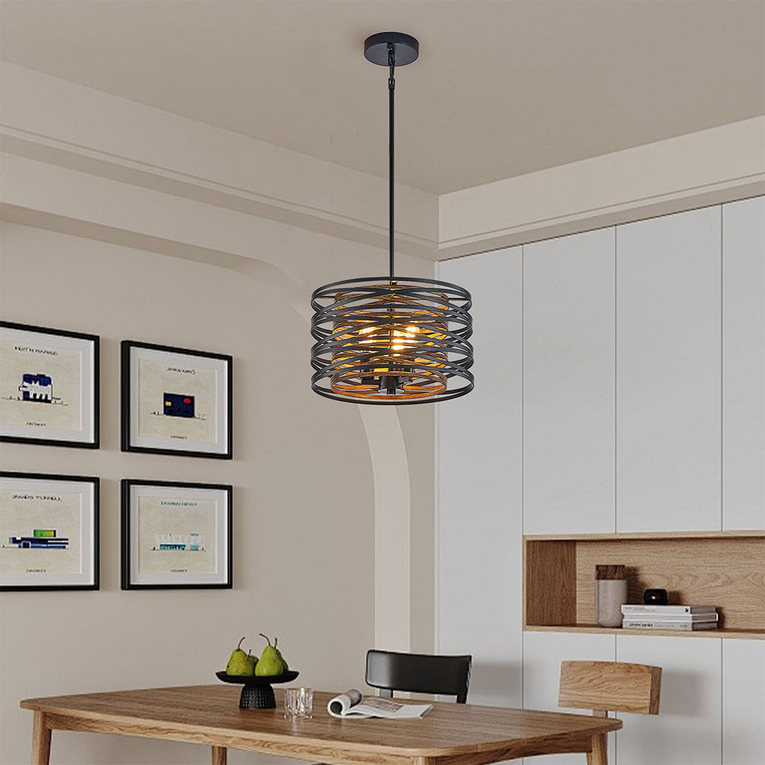 Black Drum Pendant Light Stacked Iron Rings Walnut Accent E12 American Retro 3 Sizes Dining Bar