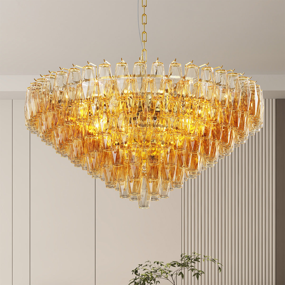 Grand-Scale Iron Frame Chandelier with Cascading Glass Drops