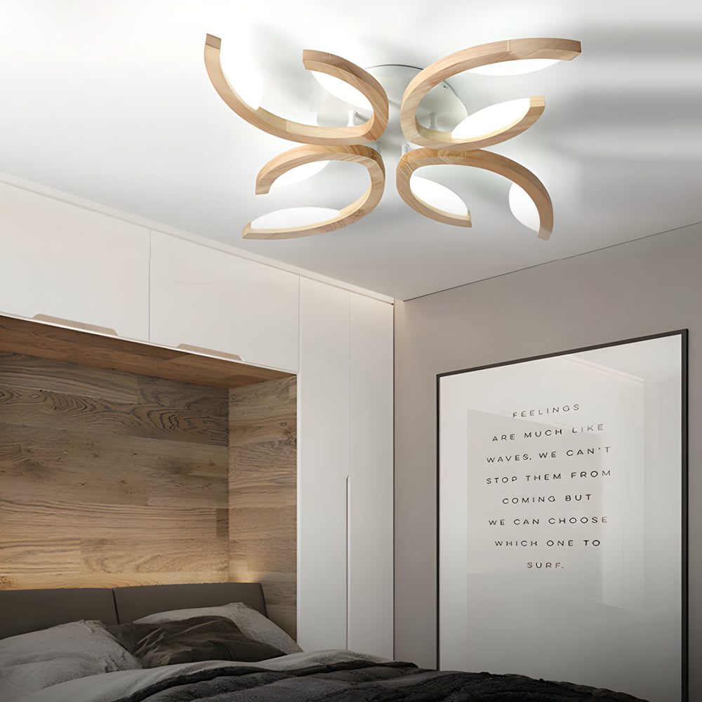 Leaf Petal Semi-Flush Mount Ceiling Light — Nordic Oak Wood Acrylic LED 3 4 5 Light
