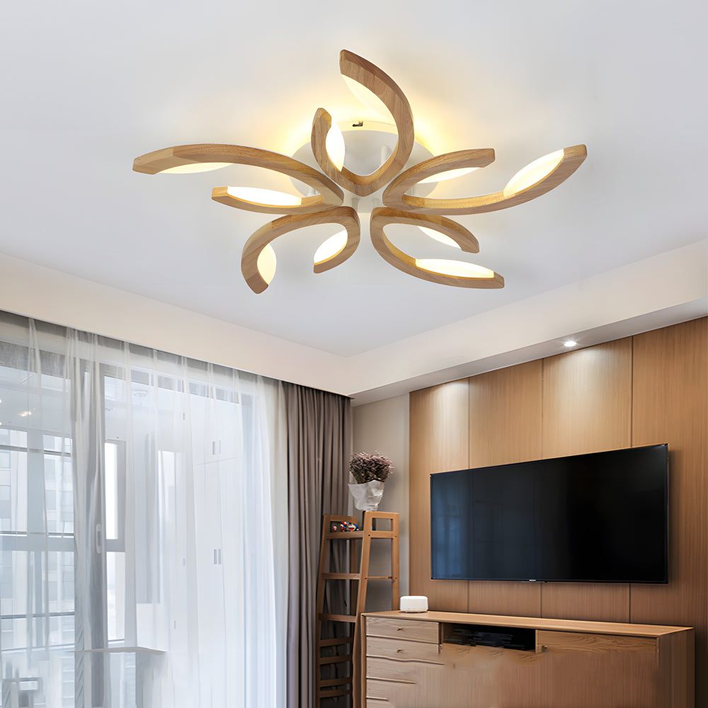 Leaf Petal Semi-Flush Mount Ceiling Light — Nordic Oak Wood Acrylic LED 3 4 5 Light