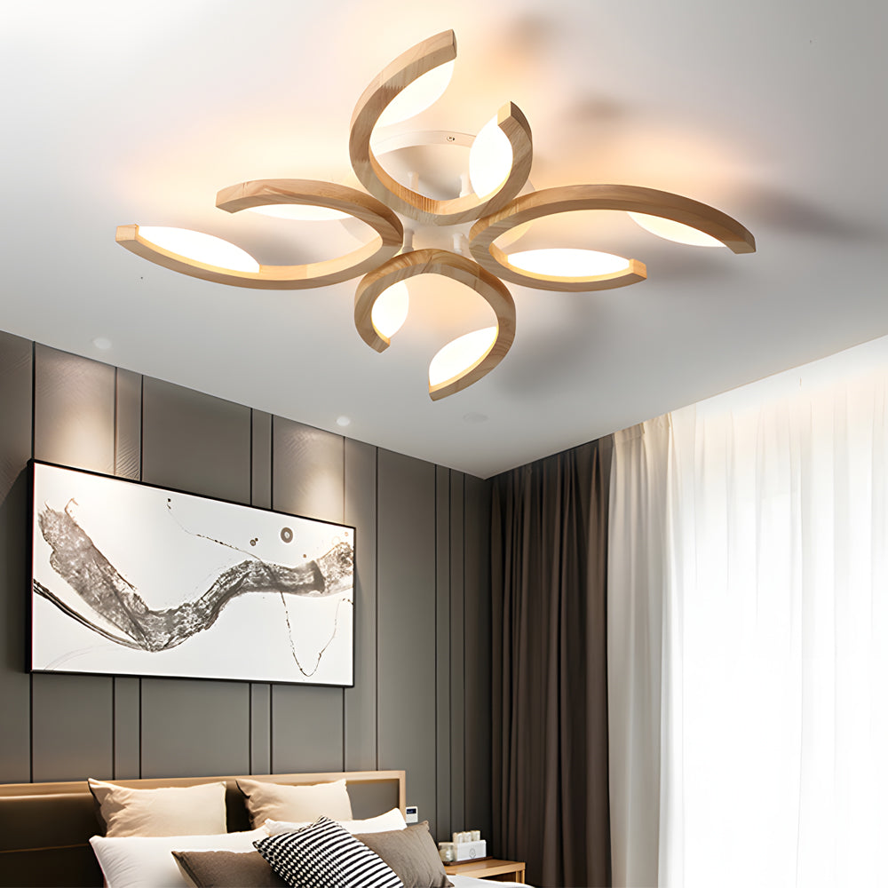 Leaf Petal Semi-Flush Mount Ceiling Light — Nordic Oak Wood Acrylic LED 3 4 5 Light
