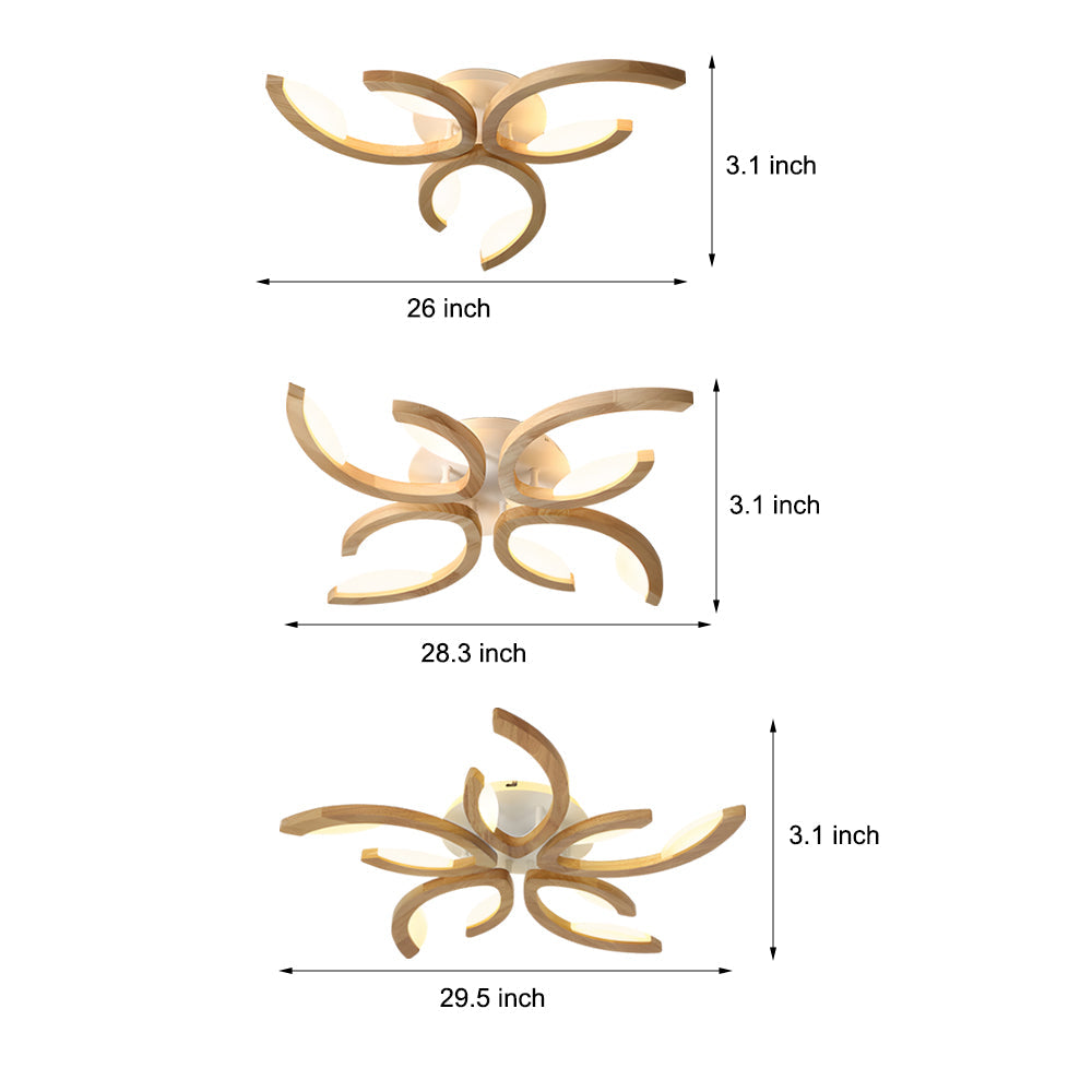 Leaf Petal Semi-Flush Mount Ceiling Light — Nordic Oak Wood Acrylic LED 3 4 5 Light