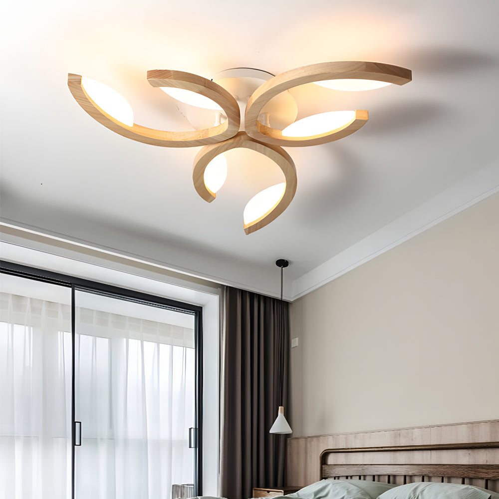 Leaf Petal Semi-Flush Mount Ceiling Light — Nordic Oak Wood Acrylic LED 3 4 5 Light