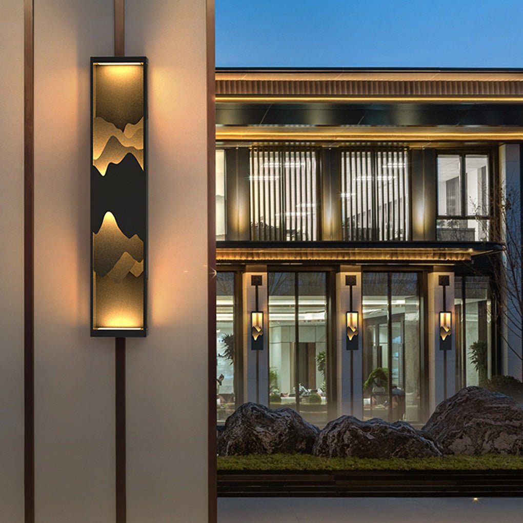 Mountain Scenery Silhouette LED Outdoor Wall Sconce Stainless Steel PC Up Down Light Solar or Hardwired 2 Sizes Courtyard Villa