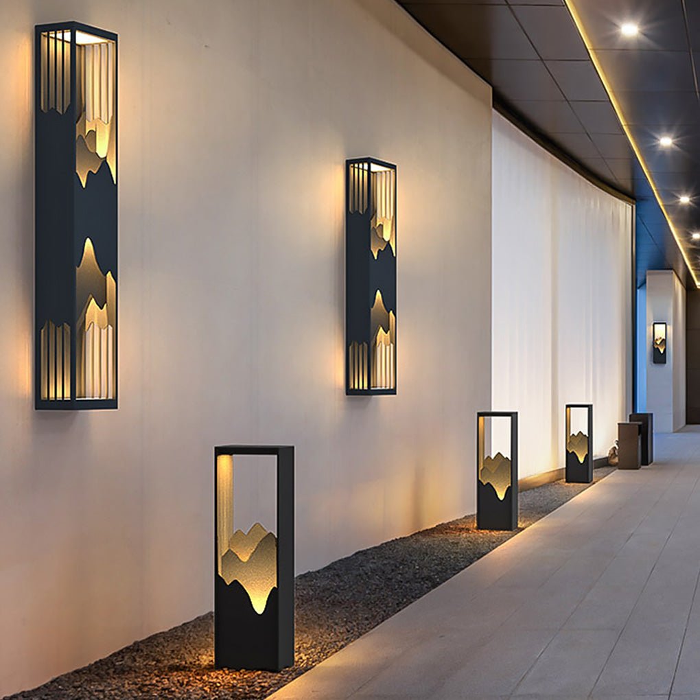 Mountain Scenery Silhouette LED Outdoor Wall Sconce Stainless Steel PC Up Down Light Solar or Hardwired 2 Sizes Courtyard Villa