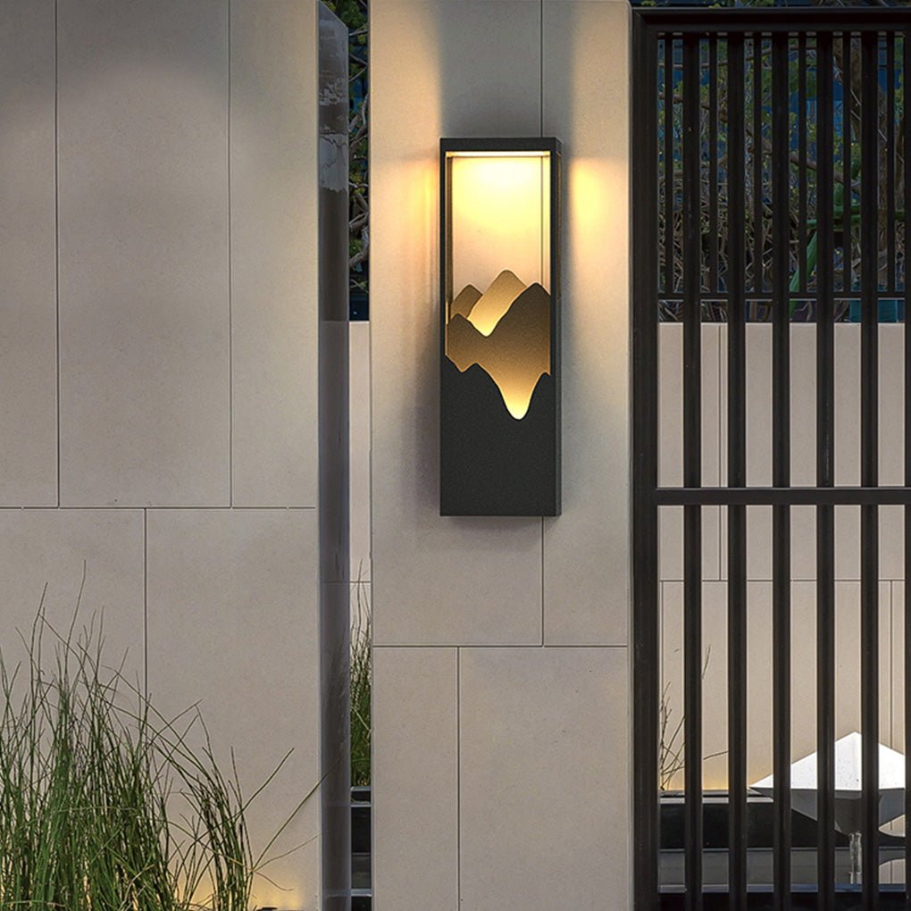 Mountain Scenery Silhouette LED Outdoor Wall Sconce Stainless Steel PC Up Down Light Solar or Hardwired 2 Sizes Courtyard Villa