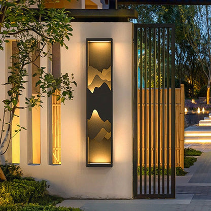 Mountain Scenery Silhouette LED Outdoor Wall Sconce Stainless Steel PC Up Down Light Solar or Hardwired 2 Sizes Courtyard Villa