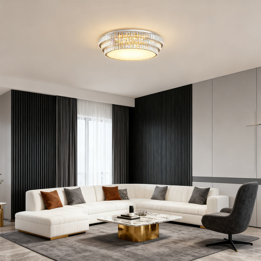 Round and Rectangle Crystal Border Flush Mount in Chrome Stainless Steel with 3-Step Colour Temperature in Five Sizes
