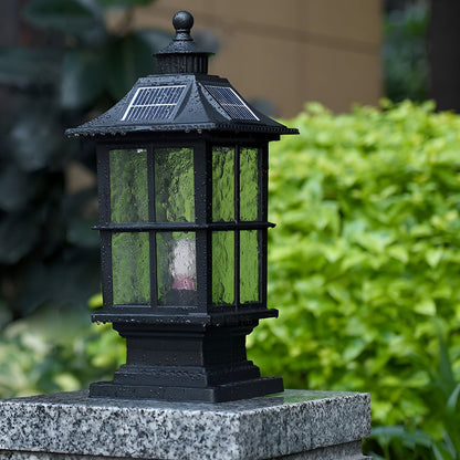 Black Die-Cast Aluminum Glass Solar Outdoor Pillar Light Motion Sensor IP65 8 Hour Lantern Gate Garden Yard