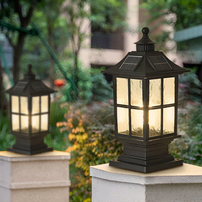 Black Die-Cast Aluminum Glass Solar Outdoor Pillar Light Motion Sensor IP65 8 Hour Lantern Gate Garden Yard