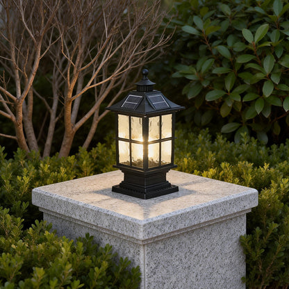 Black Die-Cast Aluminum Glass Solar Outdoor Pillar Light Motion Sensor IP65 8 Hour Lantern Gate Garden Yard