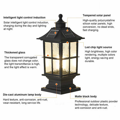Black Die-Cast Aluminum Glass Solar Outdoor Pillar Light Motion Sensor IP65 8 Hour Lantern Gate Garden Yard