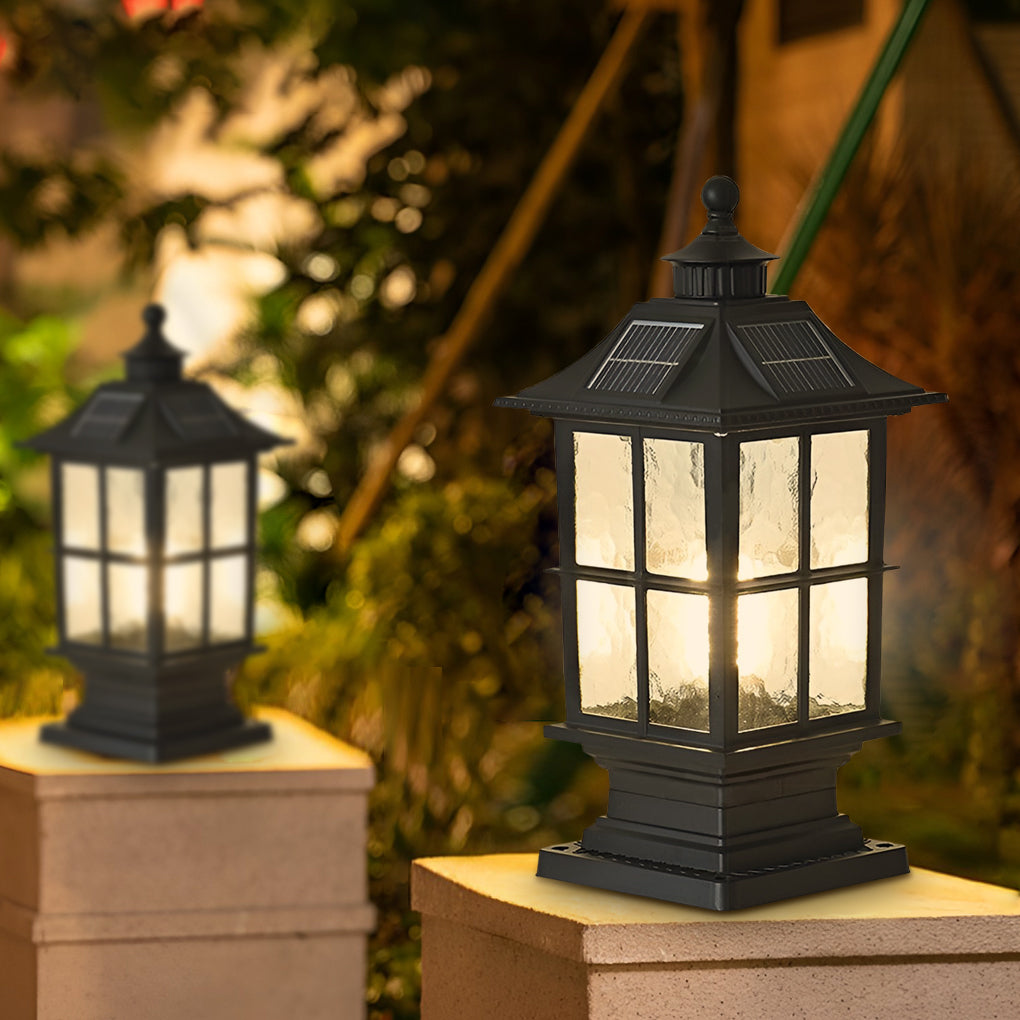 Black Die-Cast Aluminum Glass Solar Outdoor Pillar Light Motion Sensor IP65 8 Hour Lantern Gate Garden Yard