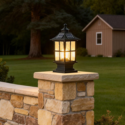 Black Die-Cast Aluminum Glass Solar Outdoor Pillar Light Motion Sensor IP65 8 Hour Lantern Gate Garden Yard