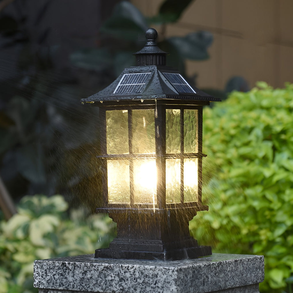 Black Die-Cast Aluminum Glass Solar Outdoor Pillar Light Motion Sensor IP65 8 Hour Lantern Gate Garden Yard