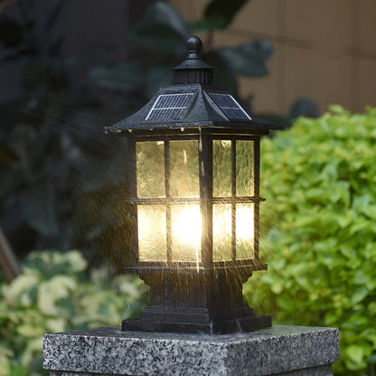 Black Die-Cast Aluminum Glass Solar Outdoor Pillar Light Motion Sensor IP65 8 Hour Lantern Gate Garden Yard