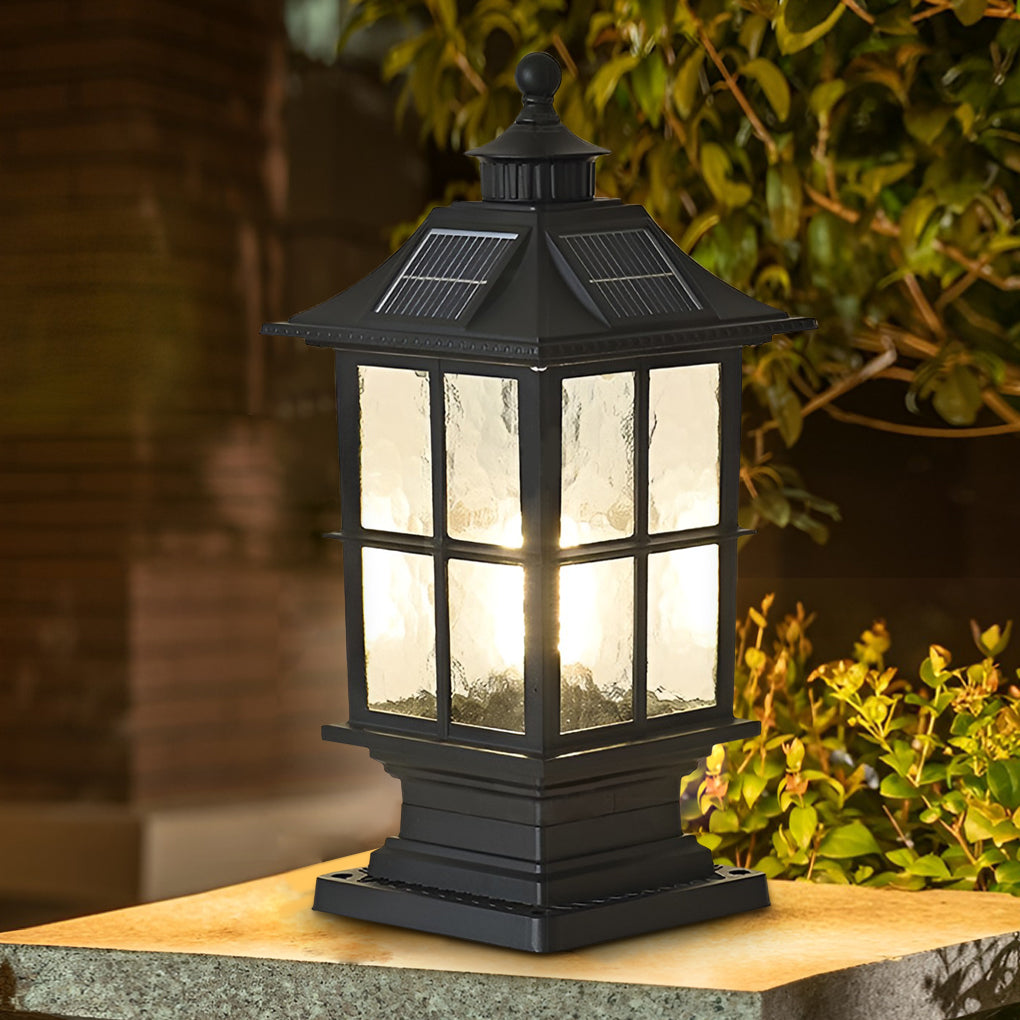 Black Die-Cast Aluminum Glass Solar Outdoor Pillar Light Motion Sensor IP65 8 Hour Lantern Gate Garden Yard