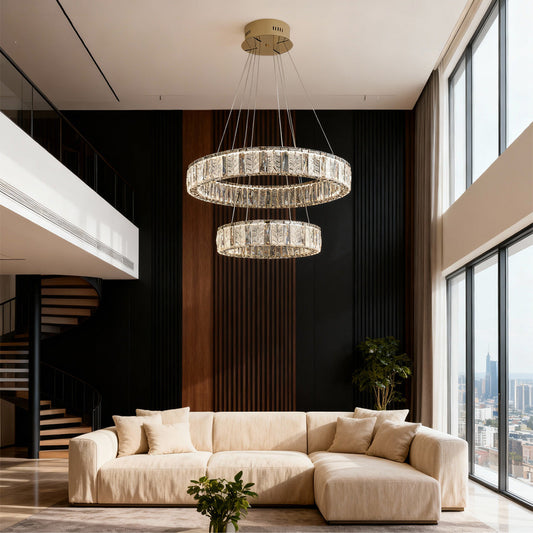 Crystal Chandelier Stainless Steel Gold Minimalist Round Ring LED Dual-Color Five Sizes Double Ring