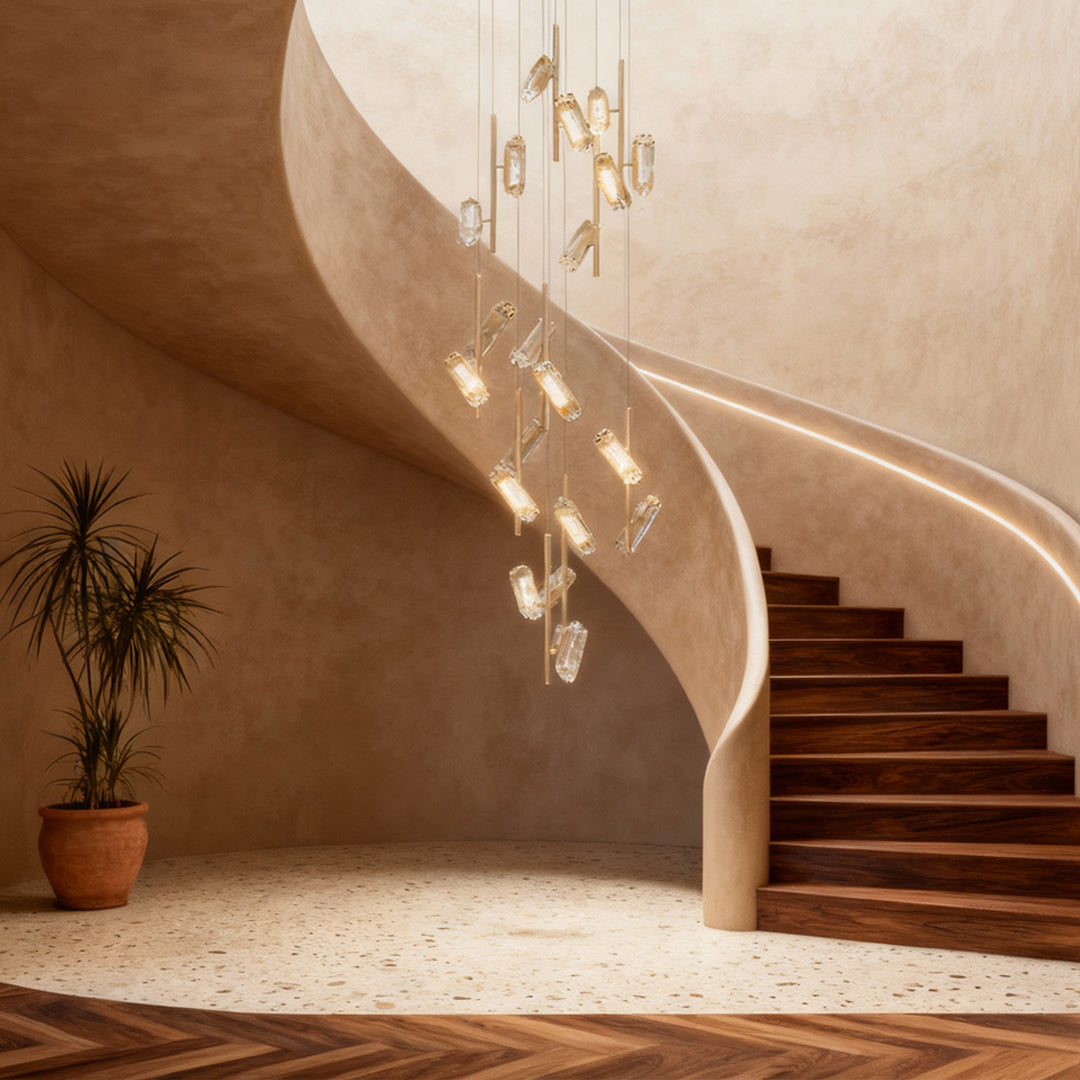 Staircase Chandelier Aluminium Acrylic 20-Head Linear Gradient Integrated LED Terracotta Gold Modern 3-Step Colour Temperature