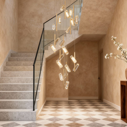 Staircase Chandelier Aluminium Acrylic 20-Head Linear Gradient Integrated LED Terracotta Gold Modern 3-Step Colour Temperature