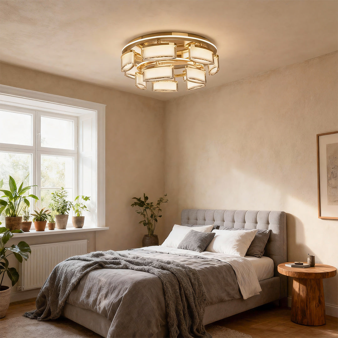 Multi-Head Crystal Panel Ring Flush Mount in Gold Aluminum with 3-Step Colour Temperature in Single and Double Layer