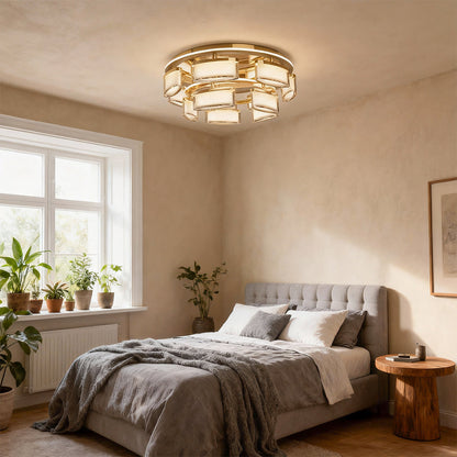 Multi-Head Crystal Panel Ring Flush Mount in Gold Aluminum with 3-Step Colour Temperature in Single and Double Layer