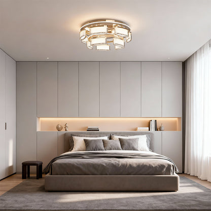 Multi-Head Crystal Panel Ring Flush Mount in Gold Aluminum with 3-Step Colour Temperature in Single and Double Layer