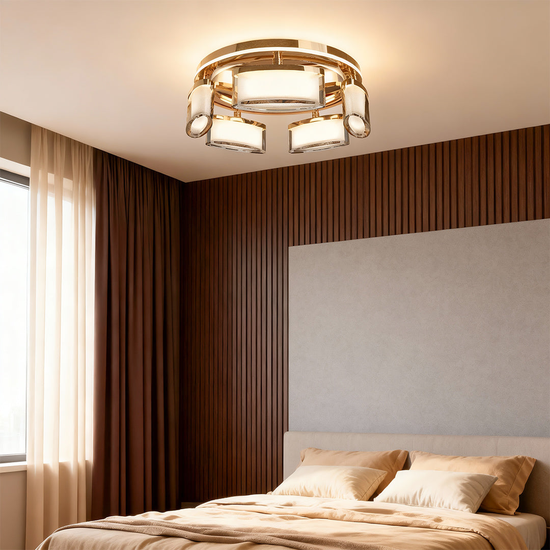 Multi-Head Crystal Panel Ring Flush Mount in Gold Aluminum with 3-Step Colour Temperature in Single and Double Layer