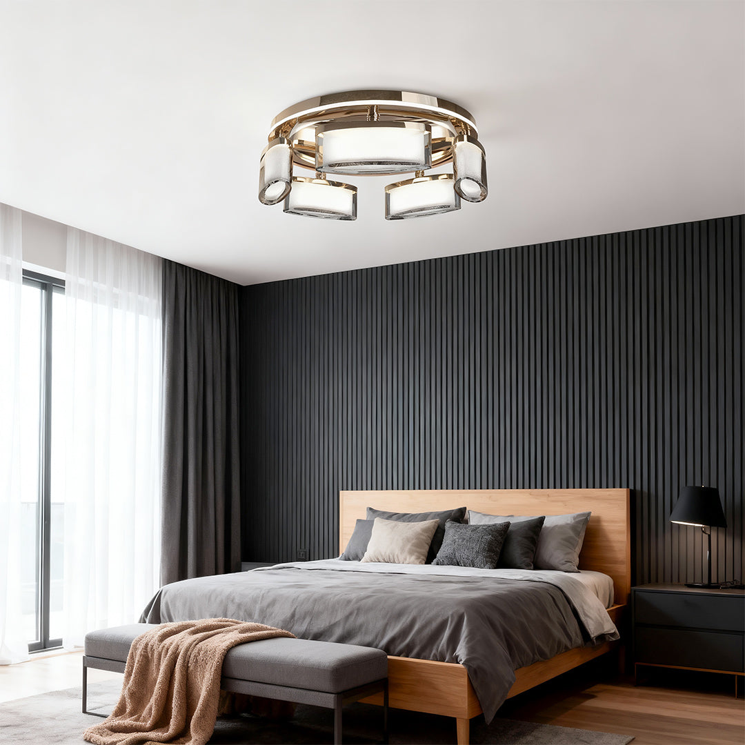 Multi-Head Crystal Panel Ring Flush Mount in Gold Aluminum with 3-Step Colour Temperature in Single and Double Layer