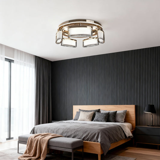 Multi-Head Crystal Panel Ring Flush Mount in Gold Aluminum with 3-Step Colour Temperature in Single and Double Layer
