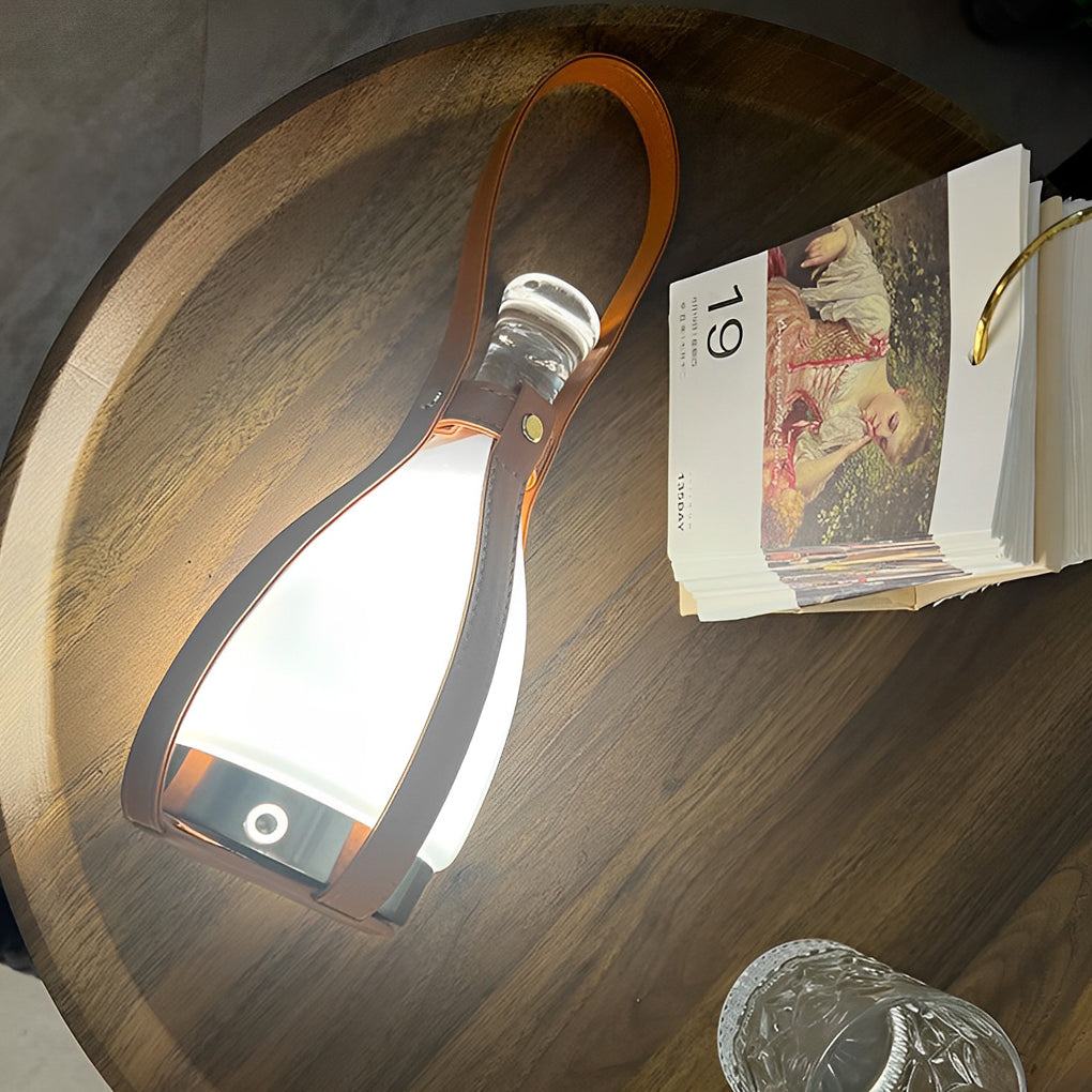 Rechargeable Bottle Table Lamp Mid-Century Cordless Glass Leather Strap Dimmable 3000K–6000K