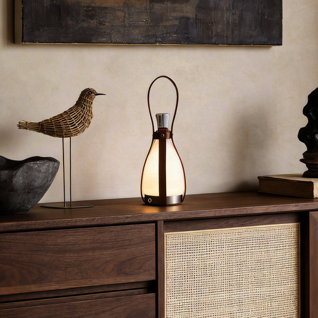 Rechargeable Bottle Table Lamp Mid-Century Cordless Glass Leather Strap Dimmable 3000K–6000K
