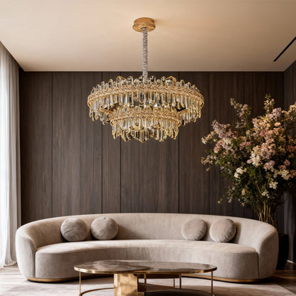 Crystal Chandelier Carbon Steel Gold Champagne LED Tri-Color Integrated Single Double Layer Oval Modern
