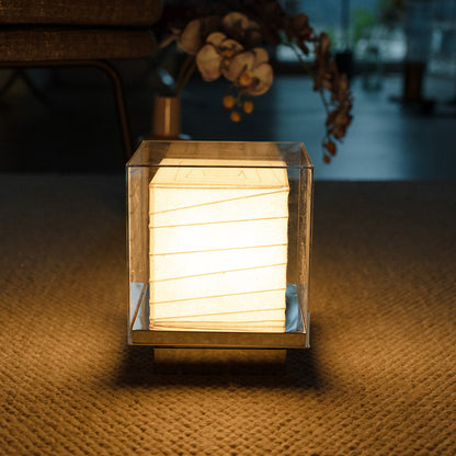 Japanese Cotton Paper Table Lamp Wabi-Sabi Zen Chrome Frame Acrylic Diffuser Warm LED 5W 9.65 Inch