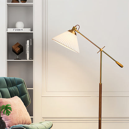 Floor Reading Lamp LED Swing Arm Pleated Fabric Shade Ash Wood Base Brass Pole Retro Luxury Dimmable Remote 2 Colors 49 Inch