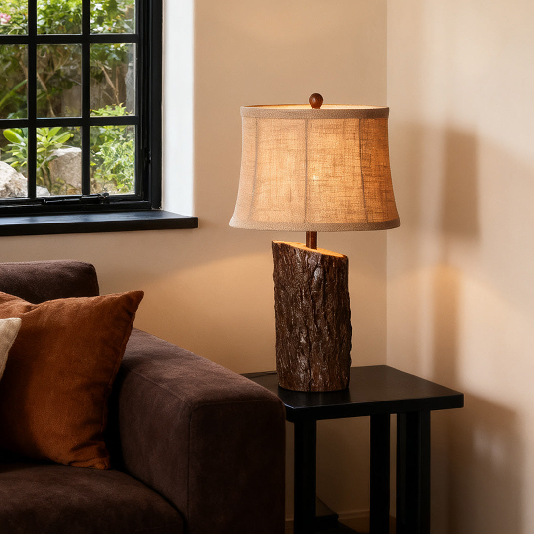 Rustic Faux Wood Table Lamp Dark Brown Bark Texture Beige Fabric Shade E26 Vintage Lodge Bedside 26.38 Inch
